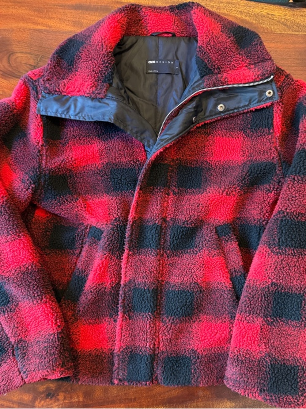 ASOS Red and Black Plaid Sherpa Bomber Jacket
